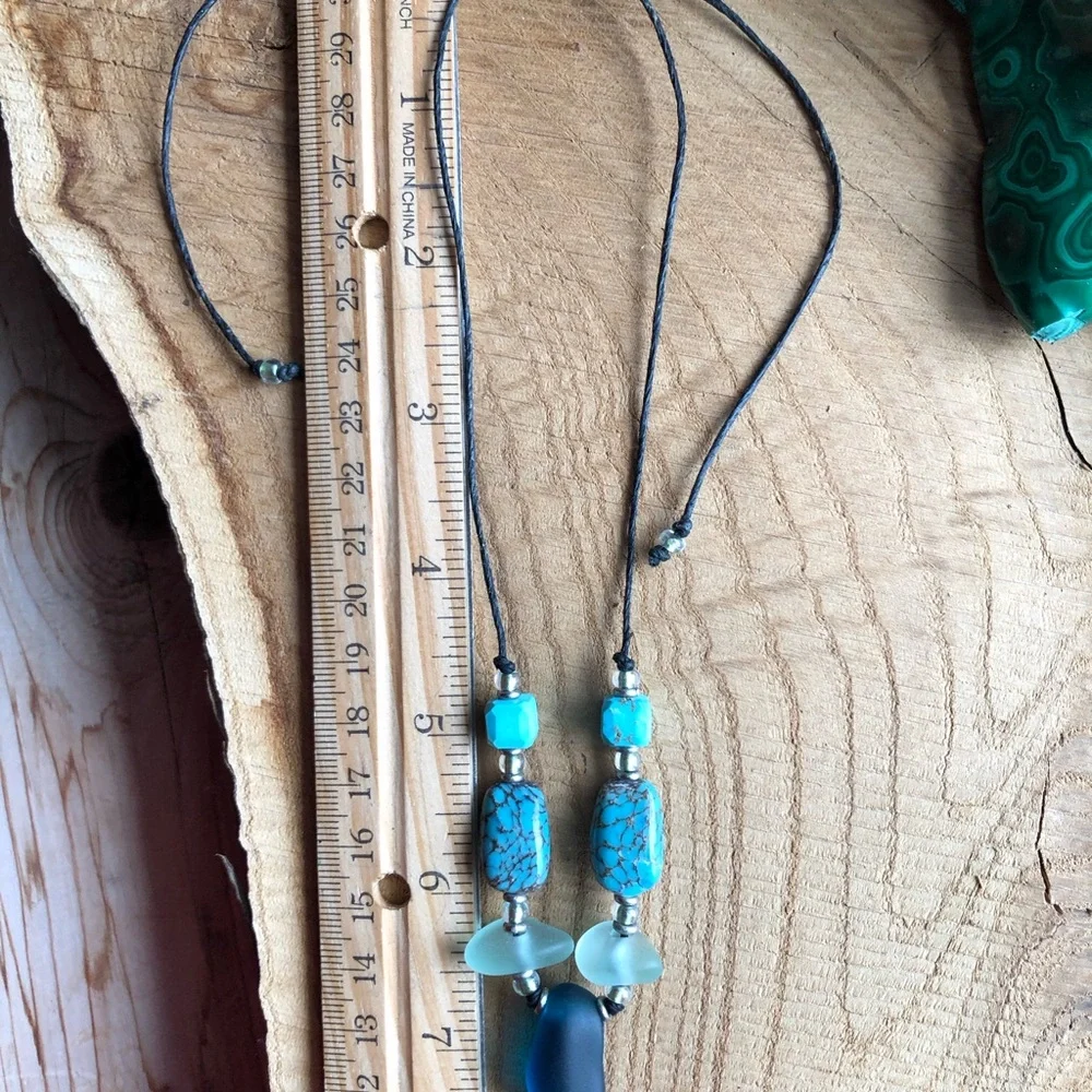 Blue‎ Sea Glass and Turquoise Beaded Necklace, Adjustable